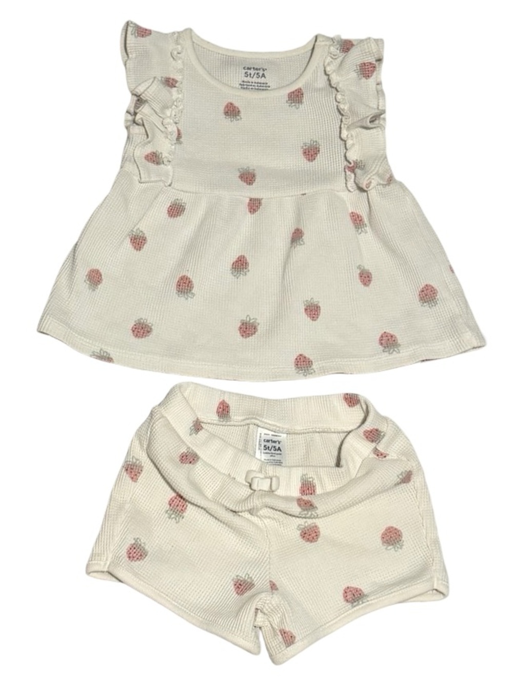 Carter’s Girls Cream Strawberry Waffle Knit Ruffle Summer Shorts Set 5T